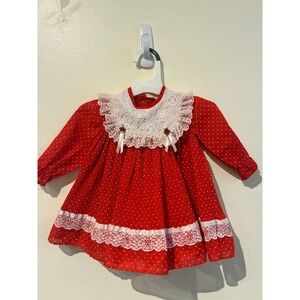 Vintage Roanna Red Polka Dot Pleated Lace Collar Dress Baby Girl 12M